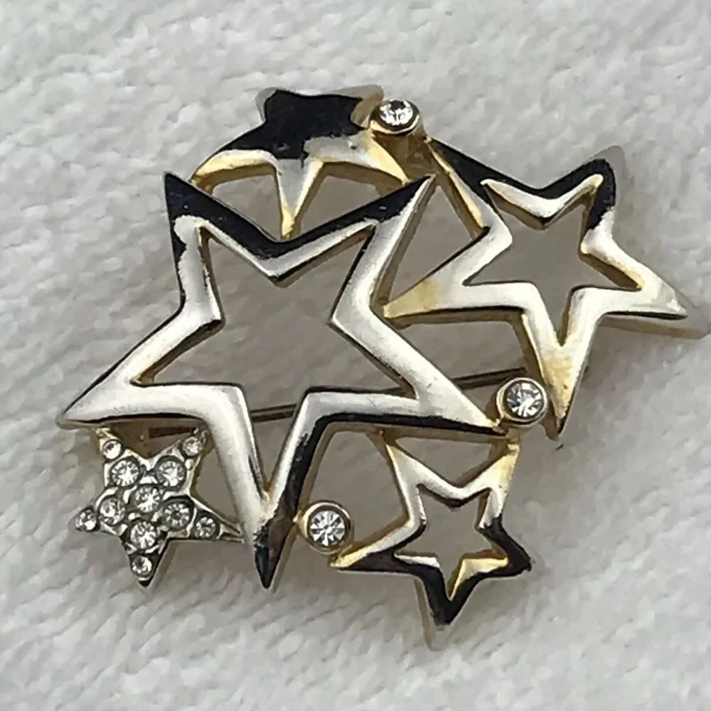 Stars Pin Brooch Gold Tone Jeweled